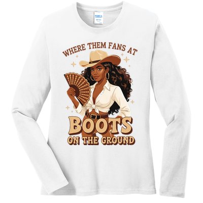 Boots On The Ground Where Them Fans At Black Cowgirl Ladies Long Sleeve Shirt