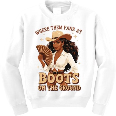 Boots On The Ground Where Them Fans At Black Cowgirl Kids Sweatshirt