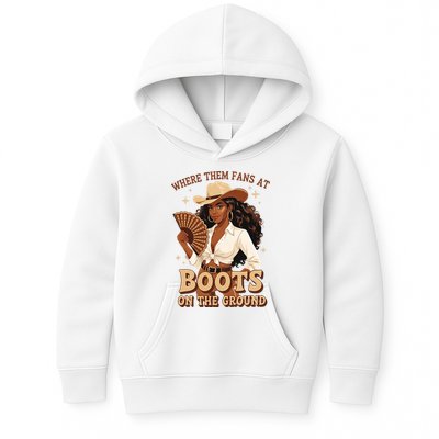 Boots On The Ground Where Them Fans At Black Cowgirl Kids Hoodie