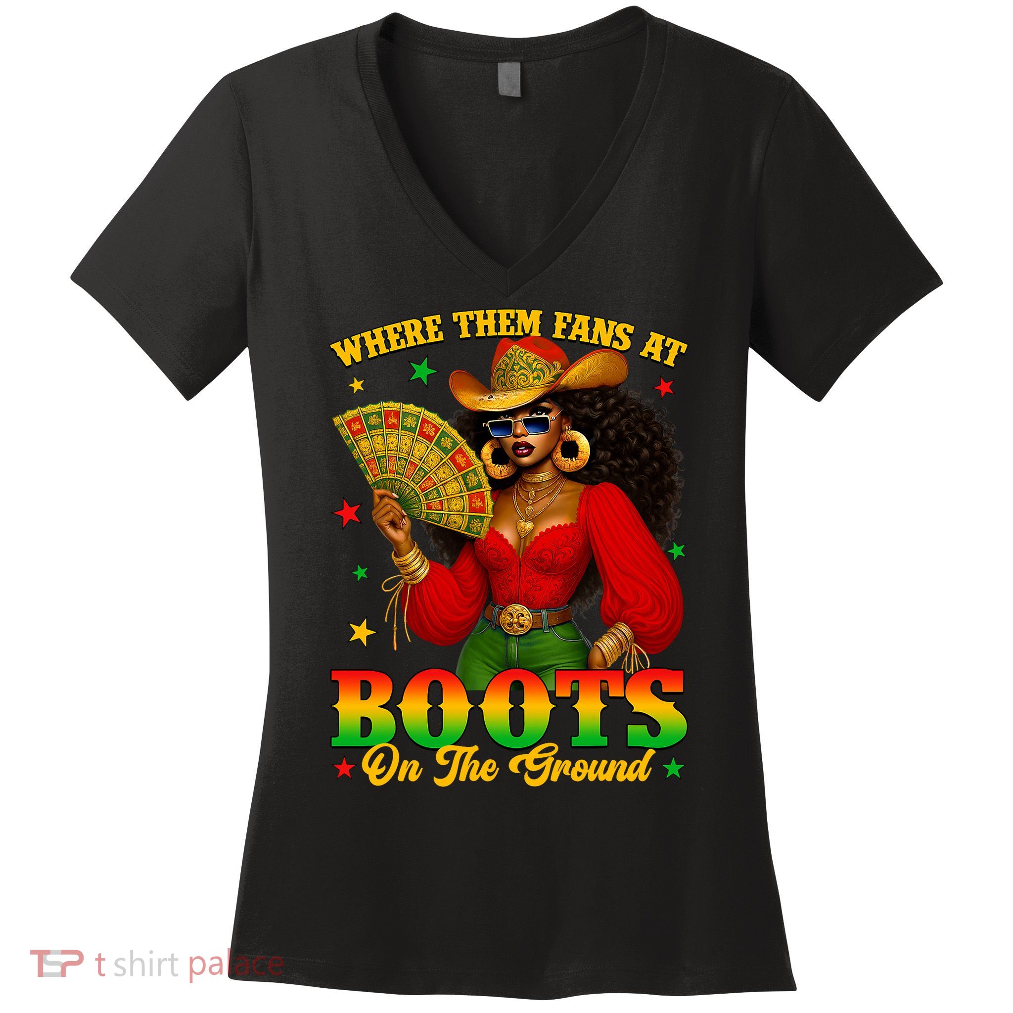 Boots On The Ground Juneteenth Cowgirl Where Them Fans At   Women's V-Neck T-Shirt