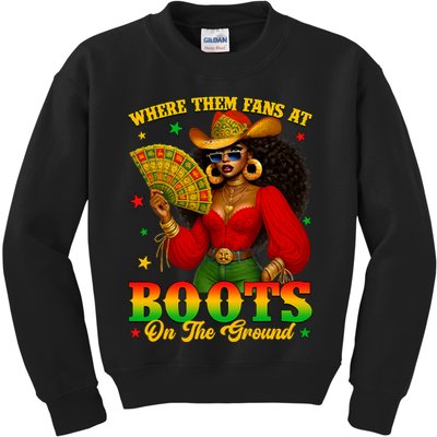 Boots On The Ground Juneteenth Cowgirl Where Them Fans At   Kids Sweatshirt