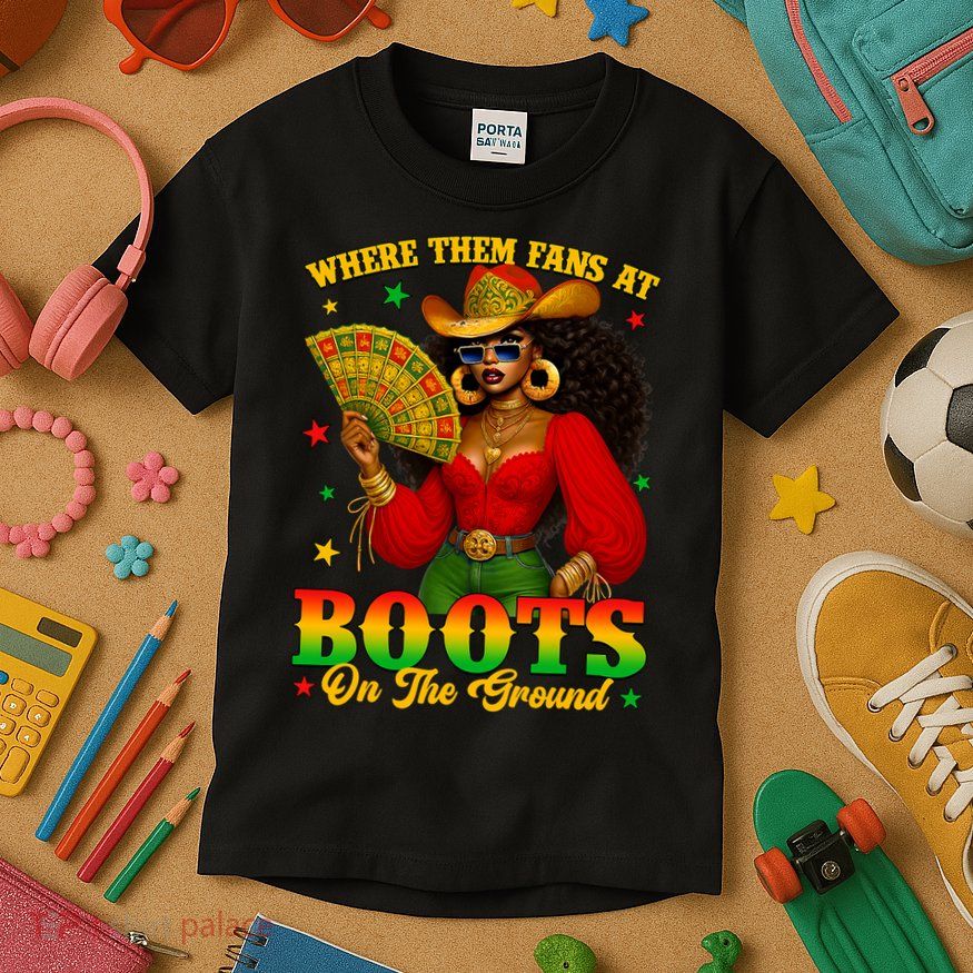 Boots On The Ground Juneteenth Cowgirl Where Them Fans At   Kids T-Shirt