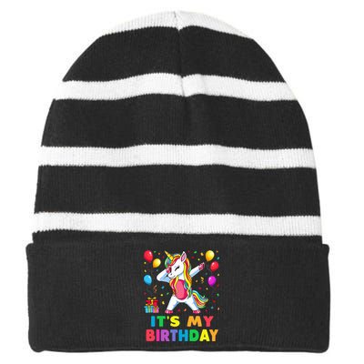 Brother of The Birthday Girl Unicorn Dabbing Party  Striped Beanie with Solid Band