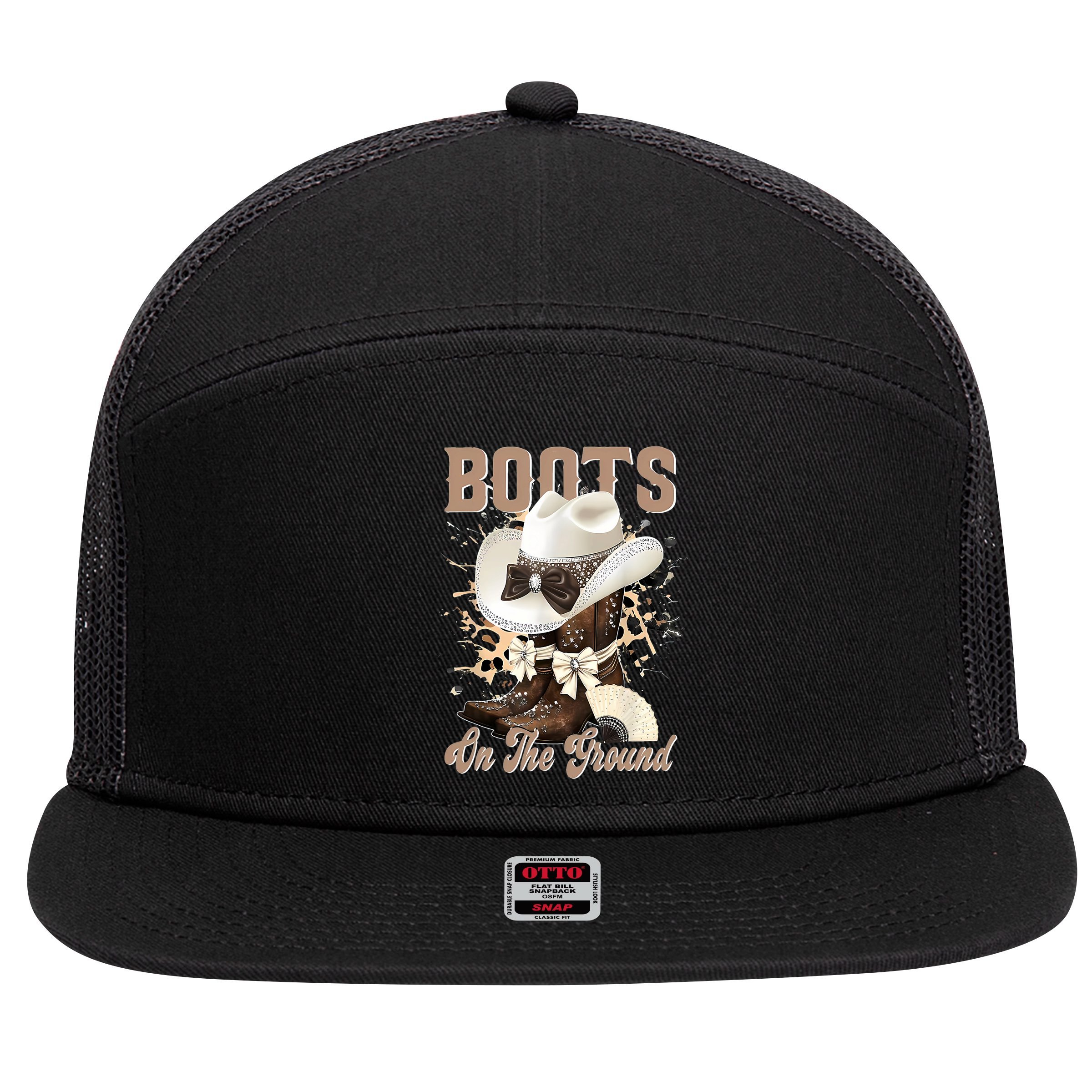 Boots On The Ground Black Cowgirl Western Where Them Fans  7 Panel Mesh Trucker Snapback Hat