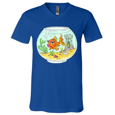 Bowl with Goldfish Cartoon V-Neck T-Shirt