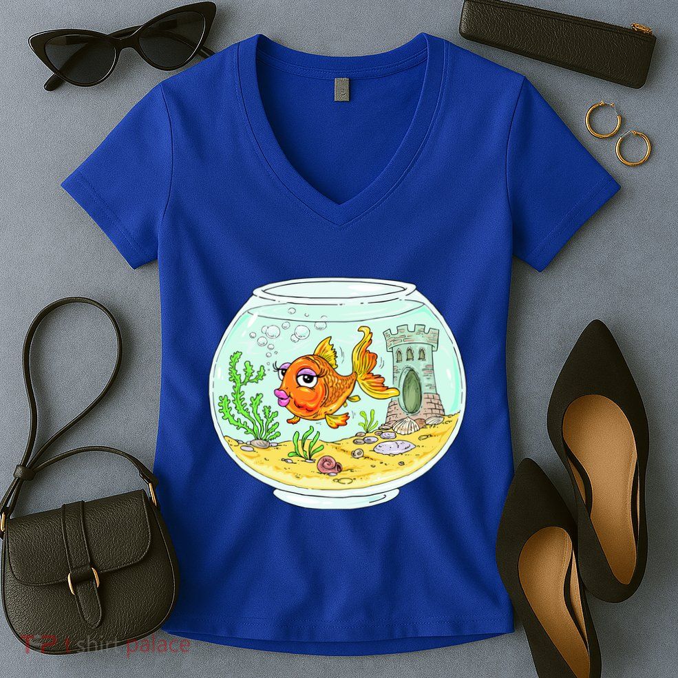 Bowl with Goldfish Cartoon Women's V-Neck T-Shirt