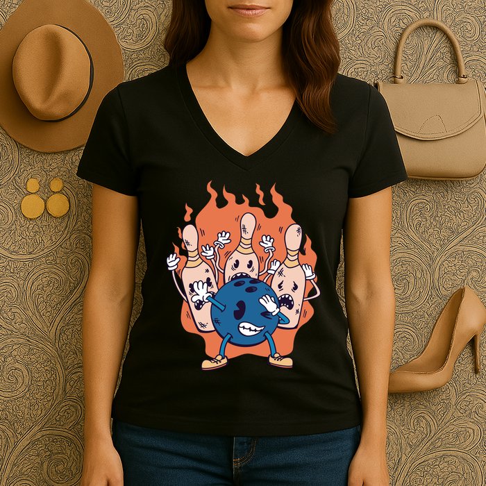 Bowling Ball And Pins Dabbing Women's V-Neck T-Shirt