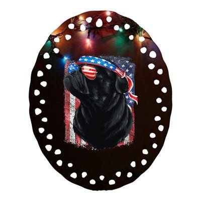 Black Pug 4th of July Dog Mom Dog Dad USA Flag Funny Pug Ceramic Oval Ornament