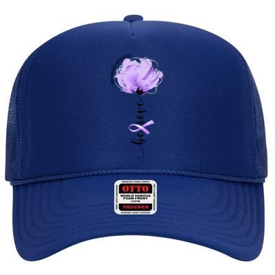 Believe Prematurity Awareness Purple Ribbon Flower Lovers Gift High Crown Mesh Back Trucker Hat