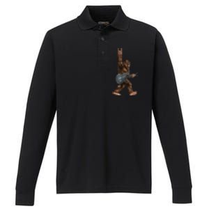 Bigfoot Playing A Dragon Guitar Rock On Sasquatch Big Foot Performance Long Sleeve Polo