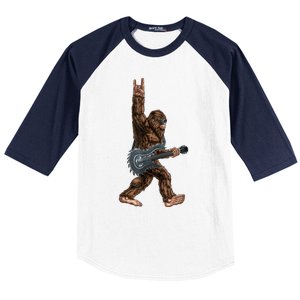 Bigfoot Playing A Dragon Guitar Rock On Sasquatch Big Foot Baseball Sleeve Shirt