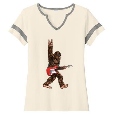 Bigfoot Playing A Electric Guitar Rock On Sasquatch Big Foot Ladies Halftime Notch Neck Tee