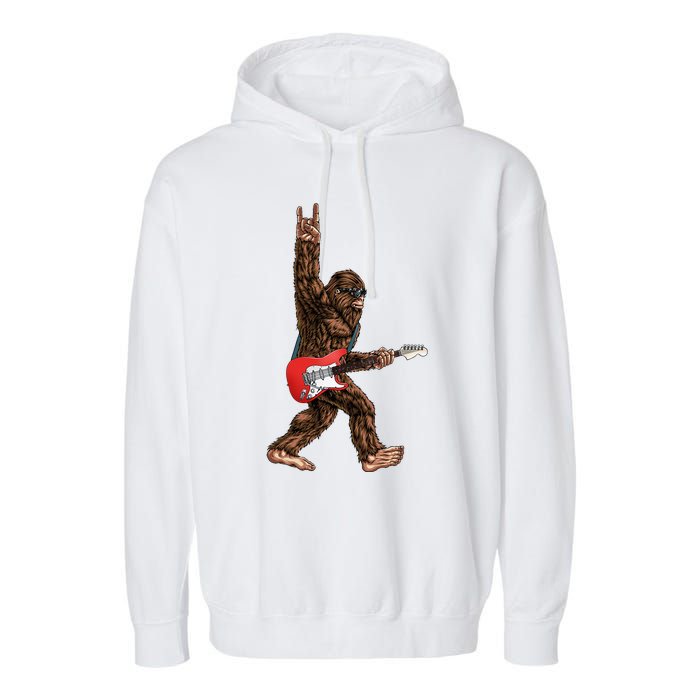 Bigfoot Playing A Electric Guitar Rock On Sasquatch Big Foot Garment-Dyed Fleece Hoodie