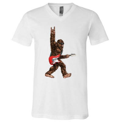 Bigfoot Playing A Electric Guitar Rock On Sasquatch Big Foot V-Neck T-Shirt