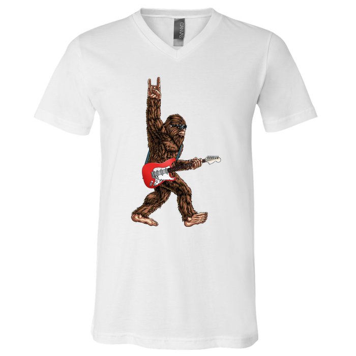 Bigfoot Playing A Electric Guitar Rock On Sasquatch Big Foot V-Neck T-Shirt