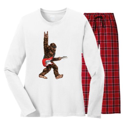 Bigfoot Playing A Electric Guitar Rock On Sasquatch Big Foot Women's Long Sleeve Flannel Pajama Set 