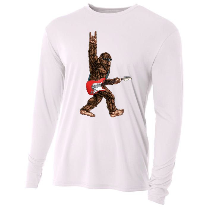 Bigfoot Playing A Electric Guitar Rock On Sasquatch Big Foot Cooling Performance Long Sleeve Crew