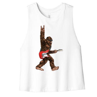 Bigfoot Playing A Electric Guitar Rock On Sasquatch Big Foot Women's Racerback Cropped Tank