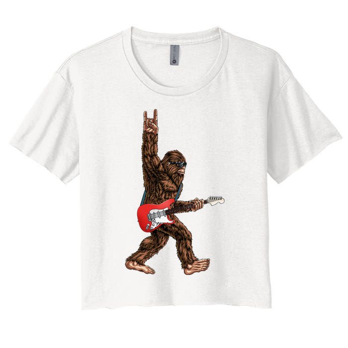 Bigfoot Playing A Electric Guitar Rock On Sasquatch Big Foot Women's Crop Top Tee