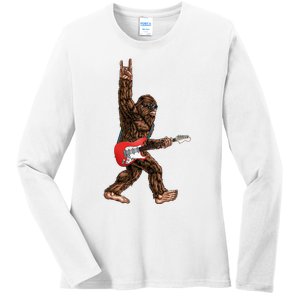 Bigfoot Playing A Electric Guitar Rock On Sasquatch Big Foot Ladies Long Sleeve Shirt