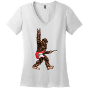 Bigfoot Playing A Electric Guitar Rock On Sasquatch Big Foot Women's V-Neck T-Shirt