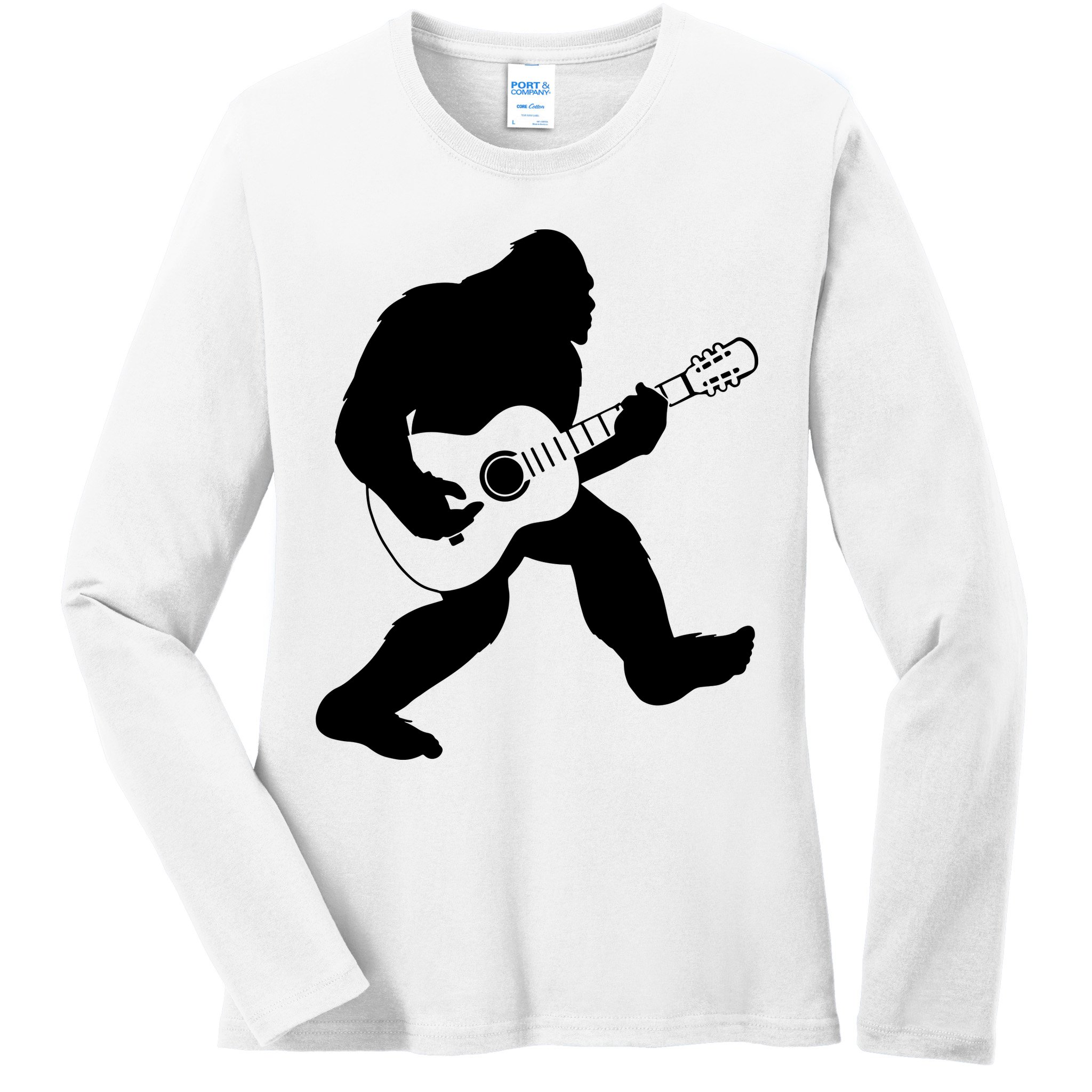 Bigfoot Playing Acoustic Guitar Ladies Long Sleeve Shirt