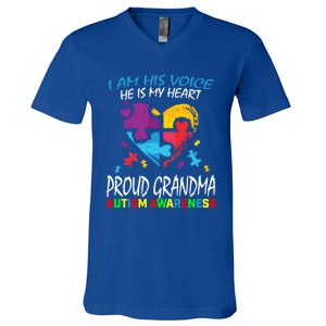 Blue Proud Autism Awareness Grandma Grandson I Am His Voice Cool Gift V-Neck T-Shirt