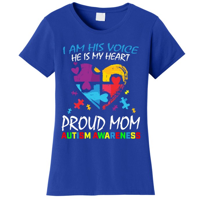 Blue Proud Autism Awareness Mom Son I Am His Voice My Heart Gift Women's T-Shirt