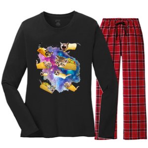 Burrito Pizza And Taco Cat In Space Tacocat Gift Idea Women's Long Sleeve Flannel Pajama Set 