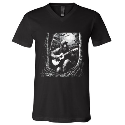 Bigfoot Playing Acoustic Guitar V-Neck T-Shirt