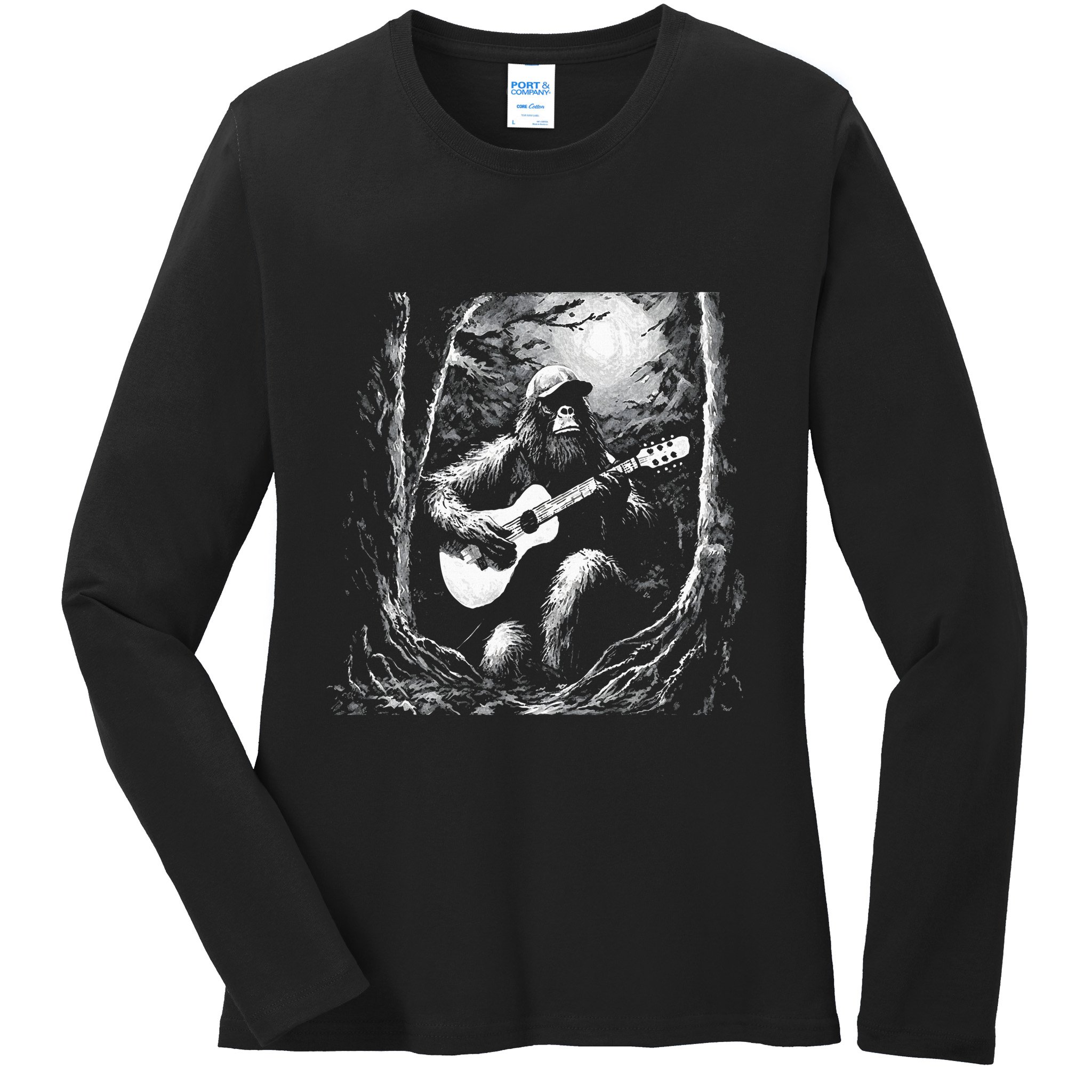 Bigfoot Playing Acoustic Guitar Ladies Long Sleeve Shirt