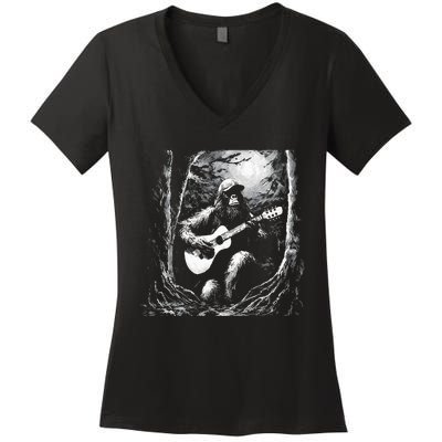 Bigfoot Playing Acoustic Guitar Women's V-Neck T-Shirt