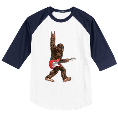 Bigfoot Playing A Electric Guitar Rock On Sasquatch Big Foot Baseball Sleeve Shirt