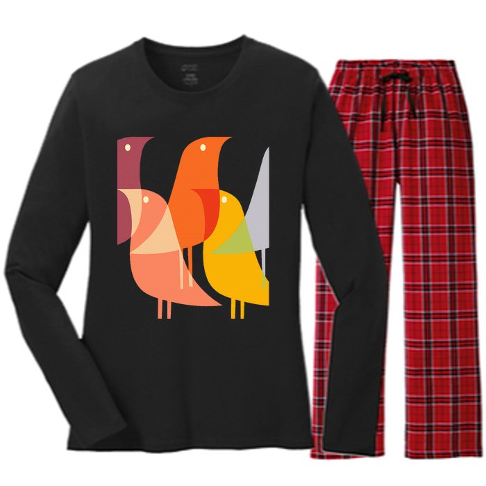 Bird Print Art Deco 60s Style Minimal Hippy Retro Cool Women's Long Sleeve Flannel Pajama Set 