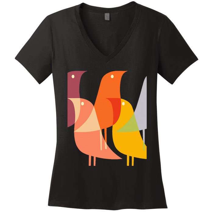 Bird Print Art Deco 60s Style Minimal Hippy Retro Cool Women's V-Neck T-Shirt