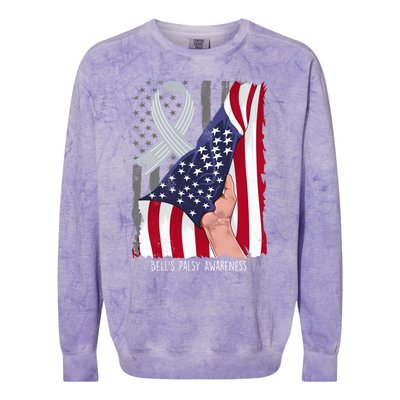 Bell’s Palsy Awareness Vintage American Flag Silver Ribbon Funny Gift Colorblast Crewneck Sweatshirt