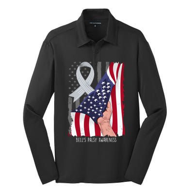 Bell’s Palsy Awareness Vintage American Flag Silver Ribbon Funny Gift Silk Touch Performance Long Sleeve Polo