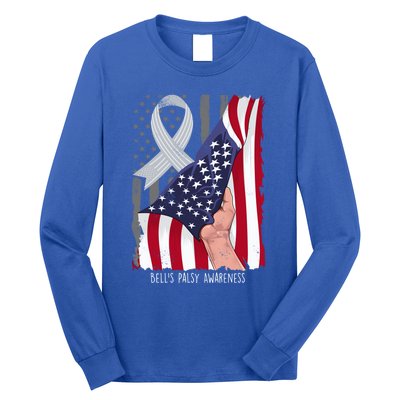 Bell’s Palsy Awareness Vintage American Flag Silver Ribbon Funny Gift Long Sleeve Shirt