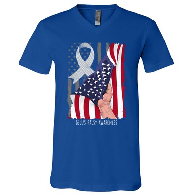 Bell’s Palsy Awareness Vintage American Flag Silver Ribbon Funny Gift V-Neck T-Shirt