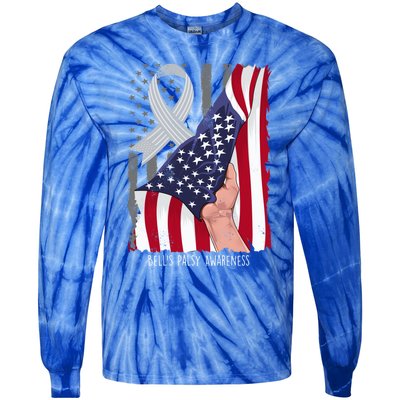 Bell’s Palsy Awareness Vintage American Flag Silver Ribbon Funny Gift Tie-Dye Long Sleeve Shirt