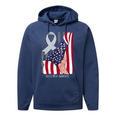 Bell’s Palsy Awareness Vintage American Flag Silver Ribbon Funny Gift Performance Fleece Hoodie