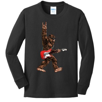 Bigfoot Playing A Electric Guitar Rock On Sasquatch Big Foot Kids Long Sleeve Shirt