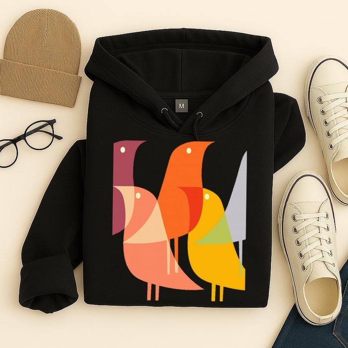 Bird Print Art Deco 60s Style Minimal Hippy Retro Cool Hoodie