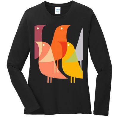 Bird Print Art Deco 60s Style Minimal Hippy Retro Cool Ladies Long Sleeve Shirt
