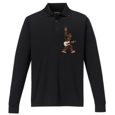 Bigfoot Playing Acoustic Guitar Rock On Sasquatch Big Foot Performance Long Sleeve Polo