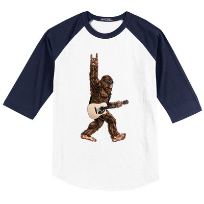 Bigfoot Playing Acoustic Guitar Rock On Sasquatch Big Foot Baseball Sleeve Shirt