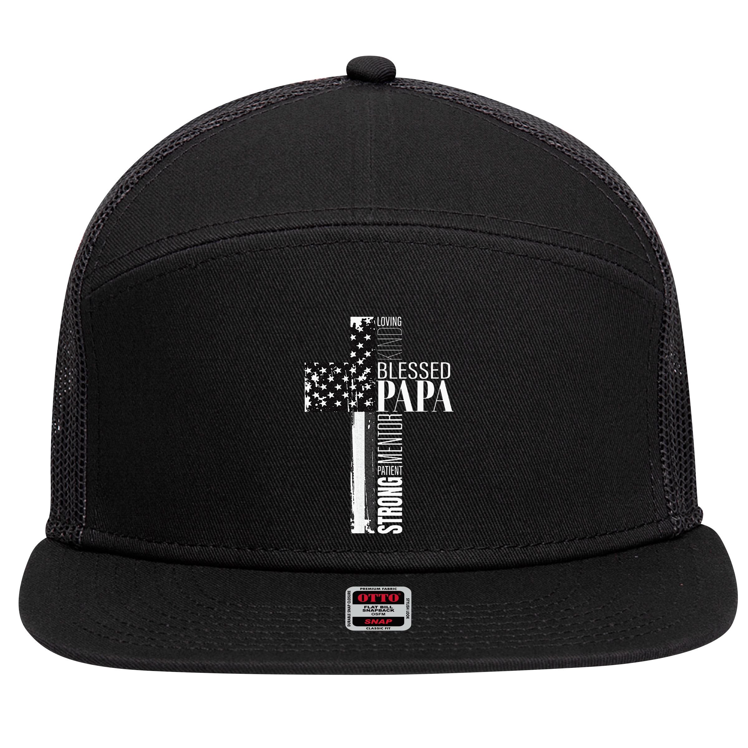 Blessed Papa American Flag Christian Religious Fathers Day 7 Panel Mesh Trucker Snapback Hat