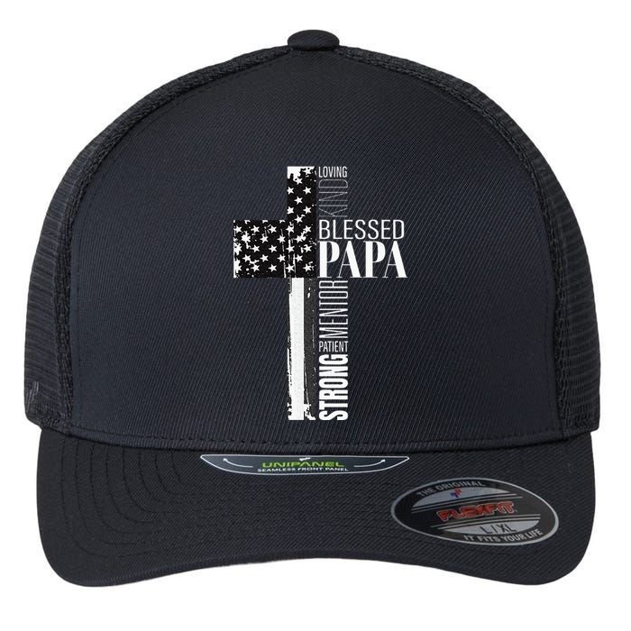 Blessed Papa American Flag Christian Religious Fathers Day Flexfit Unipanel Trucker Cap