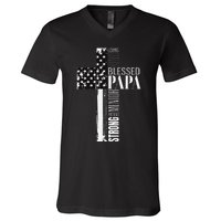 Blessed Papa American Flag Christian Religious Fathers Day V-Neck T-Shirt