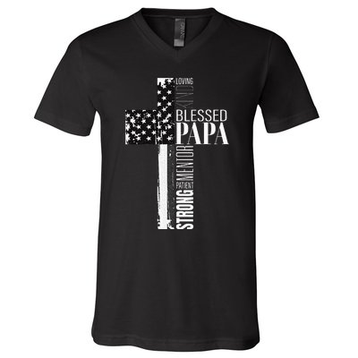 Blessed Papa American Flag Christian Religious Fathers Day V-Neck T-Shirt